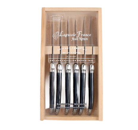 Laguiole Steak Knives with Black Handle w/ Acrylic Lid  - Set of 6
